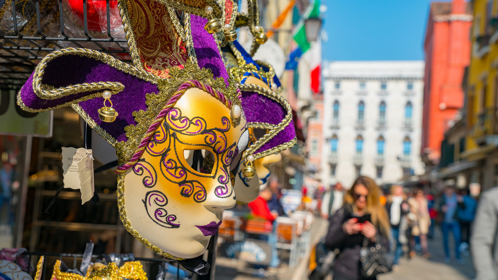 A closeup shot of a beautiful carnival mask in a Venice 