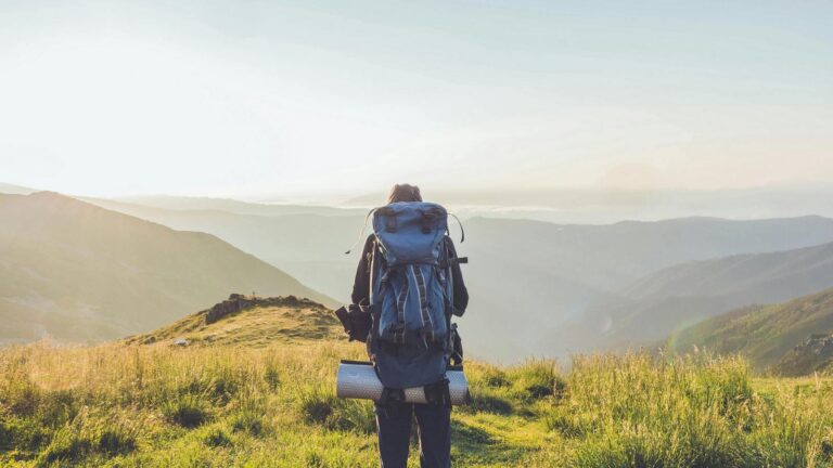 European tourist on mountain walk