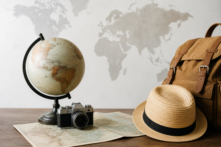 camera, globus and map