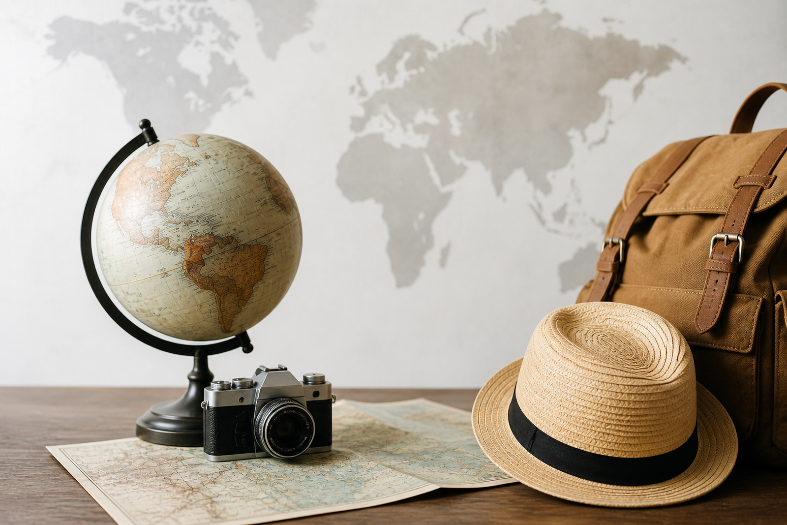 camera, globus and map