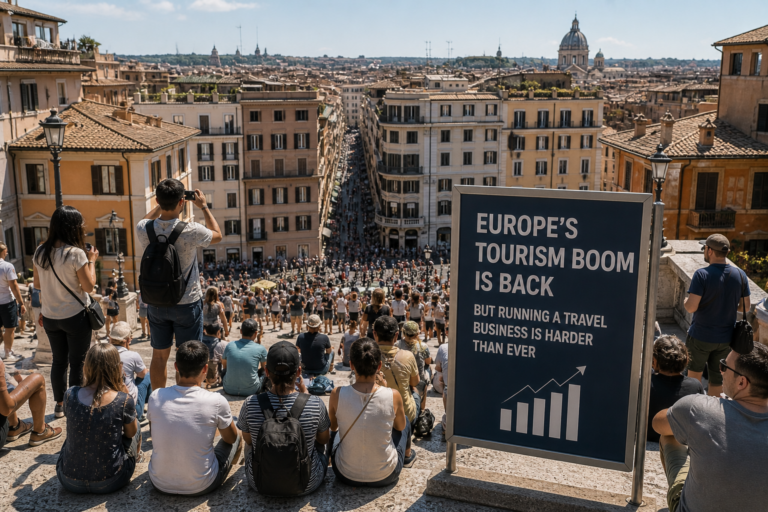 A crowded European city viewpoint filled with tourists, overlooking a historic skyline and busy streets below, capturing the strong return of mass tourism.