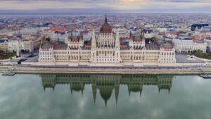 On the picture we can see a panorama of budapest